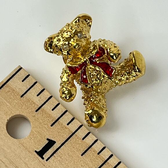 VTG Gold AVON Teddy Bear BROOCH Pin / Pendant 1" Bear Crystal Eyes Red Bow - Picture 5 of 6